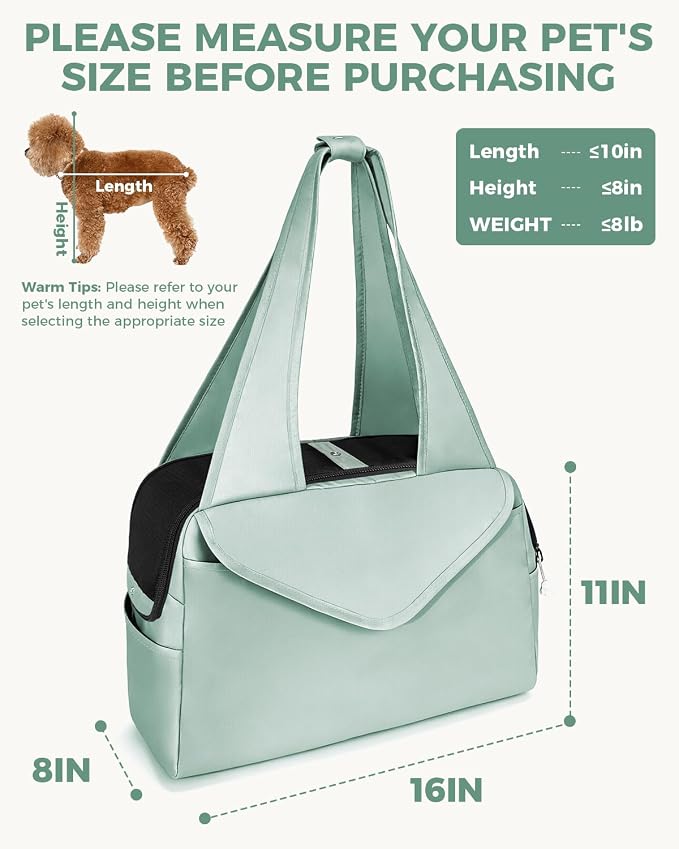Lightweight Dog Purse with Large Pockets for Small Dogs up to 8 lb | Stylish, Soft-Sided Small Dog Carrier with Safety Buckle and Breathable Anti-Scratch Mesh for Travel, Sage Green