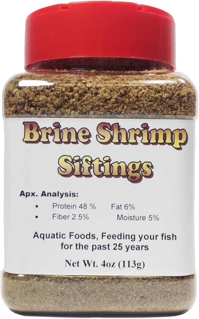 Aquatic Foods Inc. Freeze Dried Brine Shrimp Siftings & Powder, 100% Shrimp for Fry and Baby Tropical Fish Feedings and DYI Fish Food Makers - Small Jar 4oz