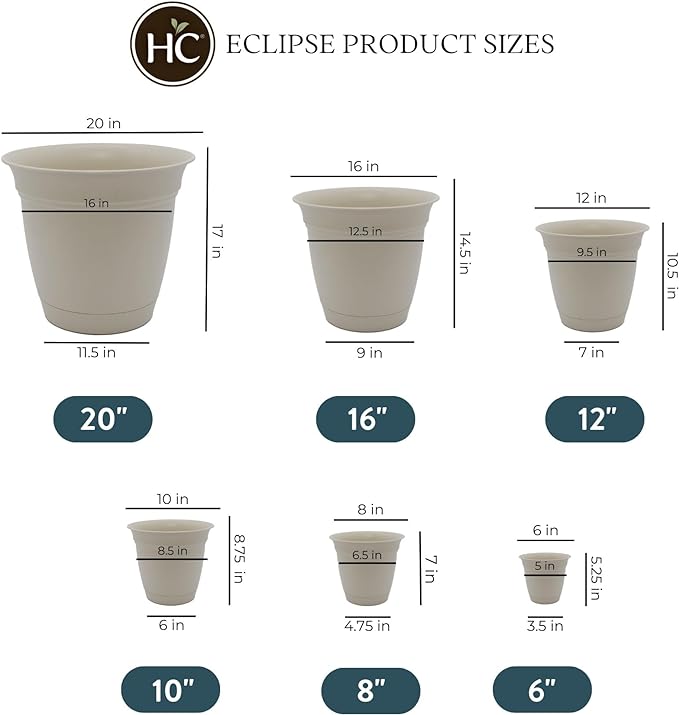 The HC Companies Eclipse Round Planter with Saucer - Outdoor & Indoor Plant Pot with Drainage Holes - Lightweight, UV-Resistant Plastic Pots for Plants, Flowers & Herbs (20" Cottage Stone, Pack of 1)