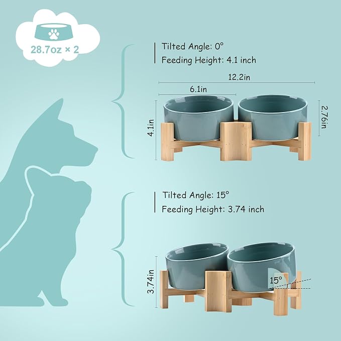 SPUNKYJUNKY 15° Slanted Ceramic Dog and Cat Bowl with Wooden Stand, Tilted Bulldog Food and Water Bowl No Slip Non-Spill for Cats Medium Dogs Big Face Pets 28.7 OZ (3.6 Cups, Light Green × 2)