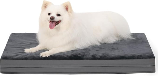 Waterproof Small Dog Bed Crate Pad 24", Washable Orthopedic Puppy Cat Mat | Outdoor Pet Bed Foam, Reversible Faux Leather & Flannel, Durable Removable Cover, Anti-Slip Kennel Pad 23"x17" Dark Gray