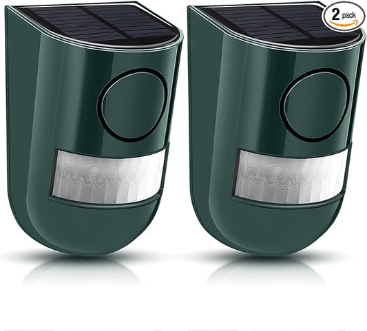 Qualirey 2 Pack Solar Sound and Light Alarm Motion Sensor 129db Outdoor Security Siren Waterproof Motion Activated Detector Alarm 6 LEDs Flash Warning Strobe System for Home, Farm (Green)