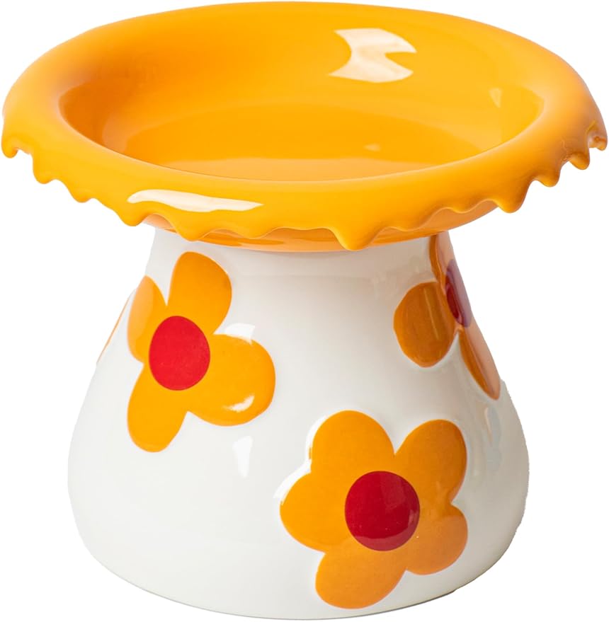 Mushroom Elevated Cat Bowls Ceramic, Cute Cat Bowls Whisker Fatigue | Raised Cat Bowl for Indoor Cats, Raised Dog Bowls Stand for Food and Water, Orange 5.8" Wide for Adult Cats