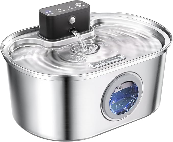 Cordless 3.2L/108oz Stainless Steel Cat Water Fountain Pet Fountain | Rechargeable Pet Water Dispenser - Motion Sensor Activation - Multi-Layer Filtration - Ultra-Quiet Pump