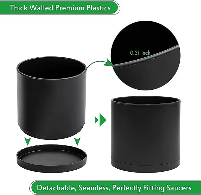 D'vine Dev 2 Pack 10 Inch Modern Plastic Plant Pots, Cylindrical Garden Planters for Plants with Drainage Holes and Saucers, Black, 74-Y-N-1