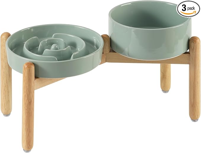 Havniva Elevated Slow Feeder Dog Bowls, Ceramic Dog Bowl Slow Feeder Set | 1.2 Cups Raised Slow Feeder Dog Bowl for Small Breed, 6.1” Dog Water Bowl with Wooden Stand, Puzzle Dog Food Bowl, Non-slip
