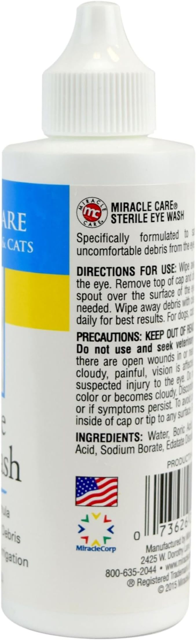 Miracle Care Sterile Eye Wash for Dogs and Cats, 4 Ounce, Soothing and Non Stinging Eye Drops to Remove Debris