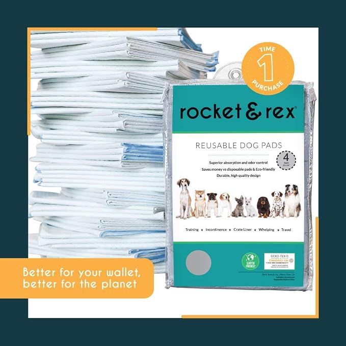rocket & rex Grey Washable Reusable Pee Pads, Leak-Proof (22x22, 4pk) | For potty training, whelping & crate lining. OEKO-TEX, chemical-free.