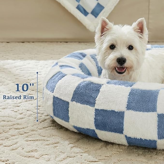 Ohocut Checkered Dog Bed, Cute Blue Retro Style Aesthetic Round Warming Pet Calming Beds for Small Dog and Cats, Plush Cozy Donut Dog Beds Washable, 30" L x 30" W x 8" Th