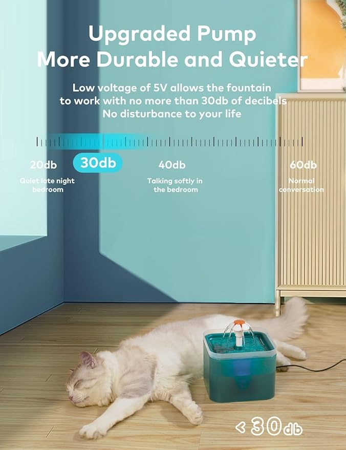 Fontaine à eau pour chat d'intérieur : fontaine à eau pour chat de 2 L (67 oz) - Fontaine d'eau silencieuse pour animaux de compagnie - Fontaines à eau cyan faciles à nettoyer - Pour chats et petits animaux - Comprend 4 filtres + 2 éponges