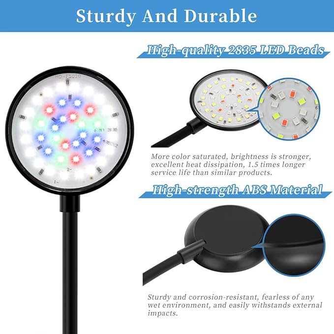 DaToo Mini Clip On Aquarium Light 7W Dimmable Small Fish Tank Light USB Moving Lamp with White Red Blue Green LED for 1 to 3 Gallon Tanks