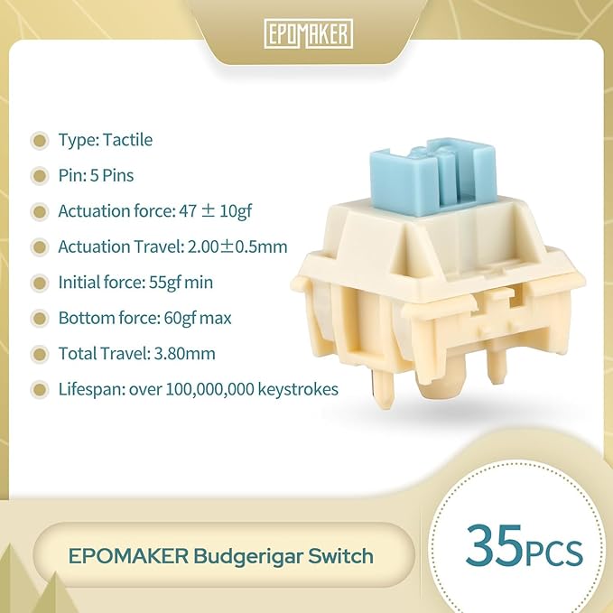 EPOMAKER Gaming Keyboard Switches, 35 PCS, Linear/Tactile Switch, 5-Pin Pre-Lubed Switch, Creamy Switches, Compatible with MX Keycaps for Mechanical Keyboard (Budgerigar, Tactile)