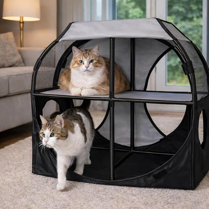 Pet Life ® 'Kitty-Play' Obstacle Easy-Assembly and Collapsible 2-Level Portable Interactive Engaging Travel Cat Tree or Kitty Maze Lounger