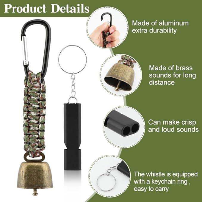 3pcs Bear Bell with 3pcs Whistle Aluminum Bear Bells for Hiking and Emergency Whistle for Hiking, Biking, Fishing, Climbing, Outdoor Camping and Hiking Protection(Size:6 PCS)