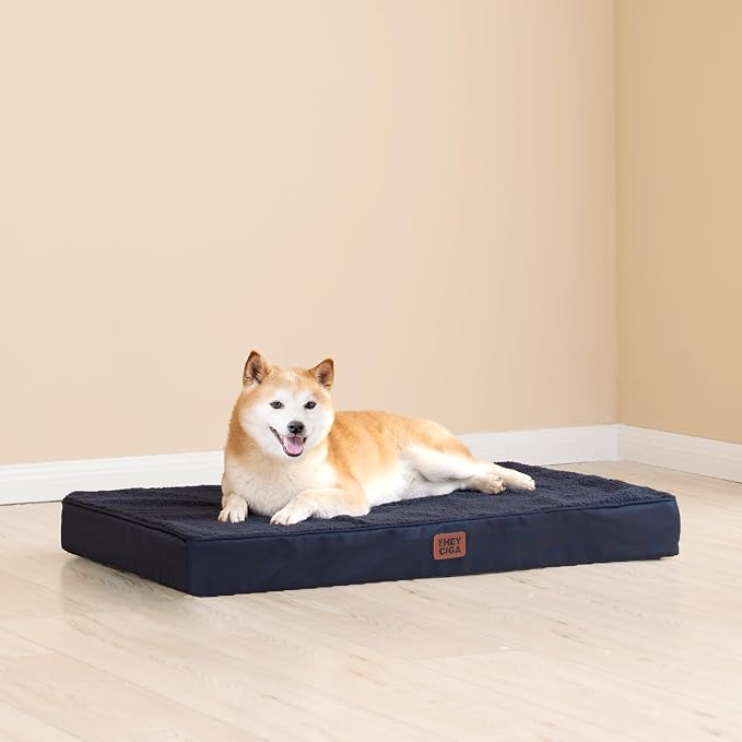 EHEYCIGA Orthopedic Dog Bed Large with Removable Washable Cover, 35IN Navy | Egg Crate Foam Support, Durable Oxford fabric, Non-Slip Bottom, Machine Washable, Soft Waterproof Plush Pet Bed Mat For Crate