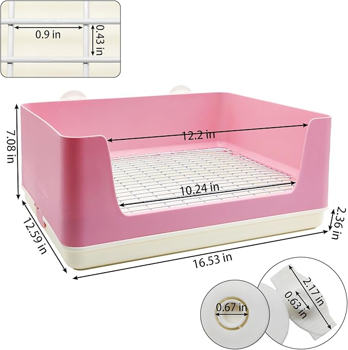 VCEPJH Extra Large Bunny Litter Box for Cage, Plastic Rabbit Litter Pan with Metal Grate Small Animal Toilet Corner Pet Potty Tray for Adult Guinea Pigs Ferrets Chinchillas (Pink)