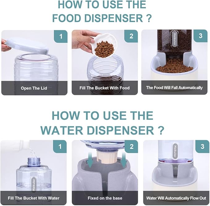 Distributeur automatique de nourriture et d'eau Meikuler pour chiens et chats, ensemble distributeur d'eau et de nourriture par gravité pour chiens et chats de petite et moyenne taille, chiots, grande capacité 3,8 litres x 2 (Gris)