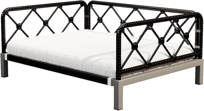 Elevated Indoor & Outdoor Dog Bed for Small Dogs, Durable Rattan Wicker Pet Sofa with Removable Washable Waterproof Cushion, Stylish Dog Couch, Black Rattan/White Mat