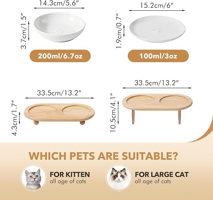 Havniva Elevated Cat Bowls, Cat Food and Water Bowl Set, Ceramic Cat Bowl | Raised Cat Food Bowls, Whisker Friendly, 5.6” Shallow Cat Dishes + 6” Wide Cat Plates, Non-Slip Wood Stand, Two Heights