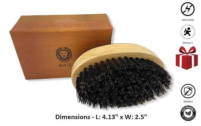 Man & Mane Premium Handmade Oxhorn & Beechwood Military Style Medium Stiff Natural Boar Bristle Men’s Hair Brush for Facial Hair & Beard Care