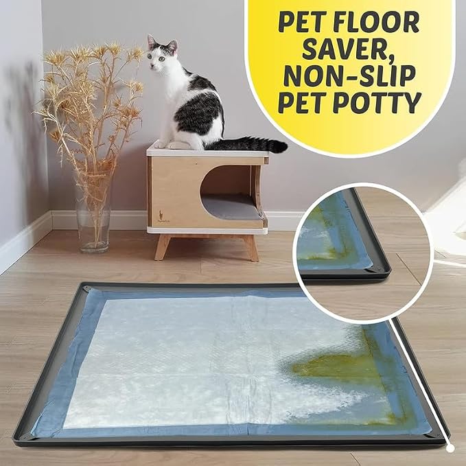 Dog Pee Pad Holder Tray Fits for 28” x 34” Pee Pads - 1 Pack - Grey | Corner Lock Holes, Raised Edges, Non-Spill, Easy to Clean Silicone Dog Potty Tray Holder, For Indoor Floor Protection