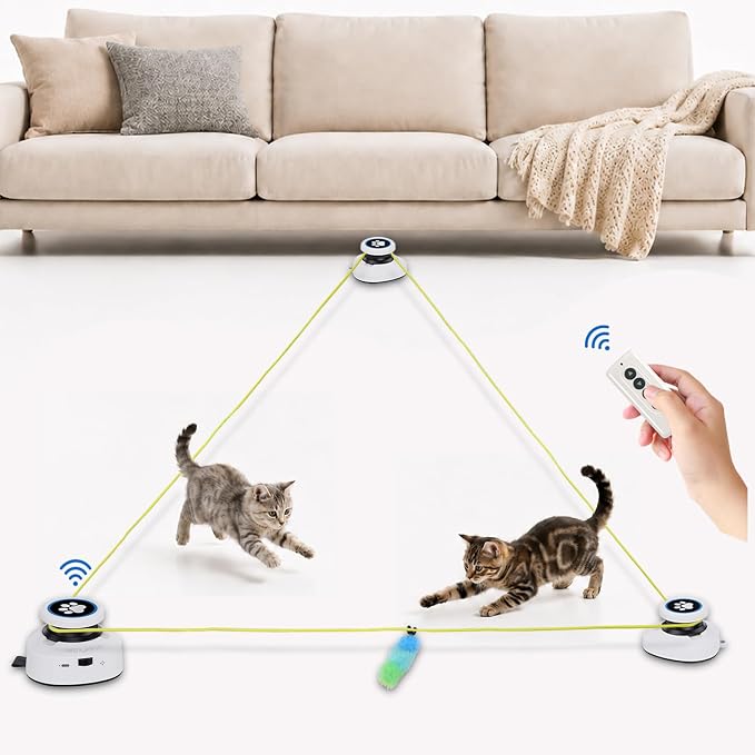 Automatic Cat Toy for Indoor Cats with Remote Control, Interactive Cat Chase Toy with Moving Feather Lure, DIY Floor Route Kit with Mouse Sound, Rechargeable Self-Play Toy