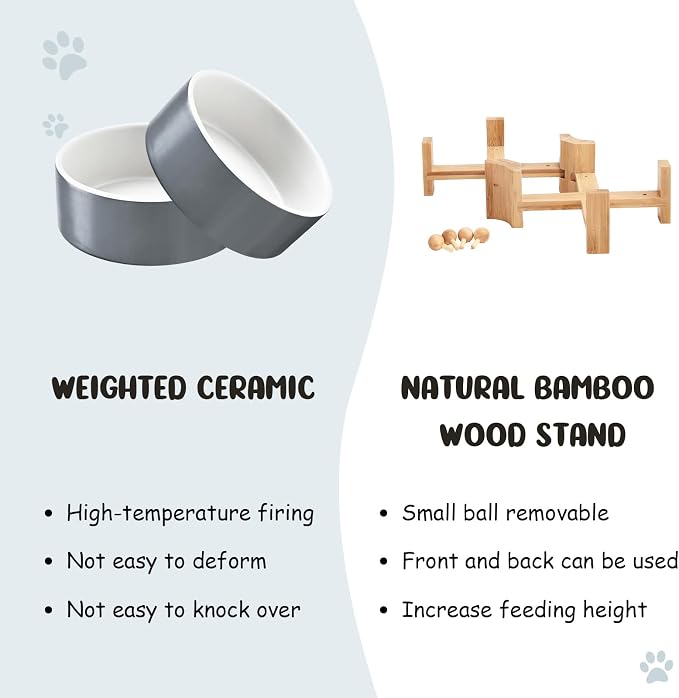 SPUNKYJUNKY 15° Slanted Ceramic Dog and Cat Bowl with Wooden Stand, Tilted Bulldog Food and Water Bowl No Slip Non-Spill for Cats Medium Dogs Big Face Pets 28.7 OZ (3.6 Cups, White-Grey × 2)