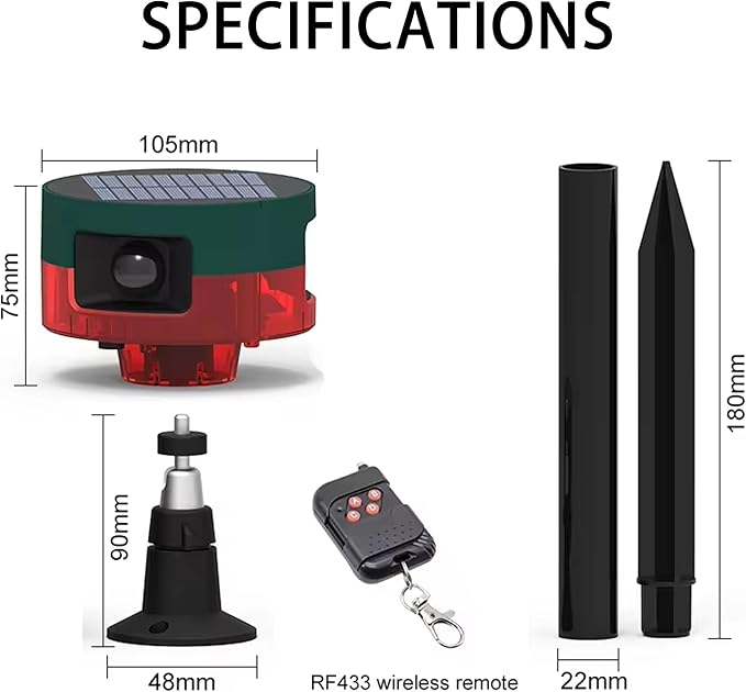 Solar Outdoor Motion Sensor Alarm - Dog Barking&Gunshot Sound, 13 Kinds of Sound Strobe Light, 130db Loud Noise Maker, Support Recording, Keep Unwanted Explorers at Bay (1 Pack)