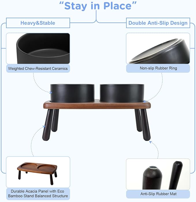 SPUNKYJUNKY Ceramic Elevated Dog Bowls Raised with Acacia Bamboo Wooden Stand, 6.1'' Dog and Cat Food Water Bowls Set Non-Slip for Small Medium Sized Breed Microwave Dishwasher Safe - 28.7 OZ,Black