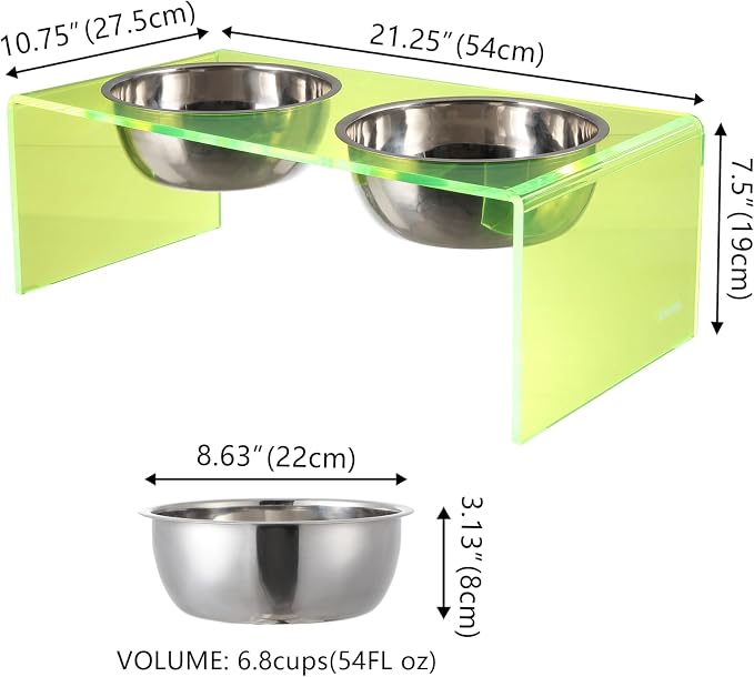 DBL2001G Keaton 7.5" Medium/Large Modern Acrylic Rectangular Elevated Pet Feeder with 54oz 2-Stainless Steel Bowls, Green/Chrome