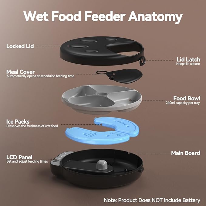 Automatic Cat Feeder Wet Food,Cordless Wet Pet Food Dispenser with 4 Ice Packs,4 Meals Per Day Fresh Food Refrigerated Container,Programmable Timed Battery Operated Auto Feeder for Kitten(Black)