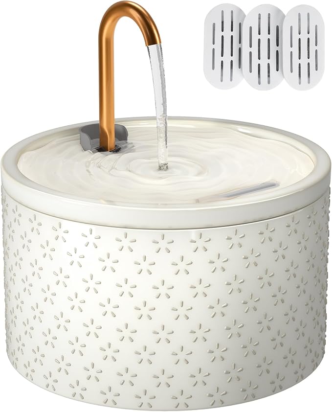 MISFANS Ceramic Cat Water Fountain, 2.1L/71oz, Firework-Embossed Design | All-Ceramic Bowl and Lid, Pure Copper Spout, Under 20dB Pump, Dual Filtration, 2 Flow Modes, 3 Filters and Sponge
