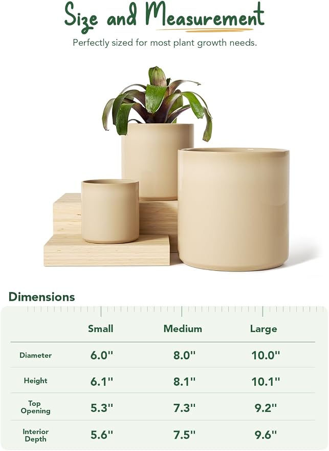 LE TAUCI 10+8+6 Inch Ceramic Pots for Plants, Indoor Planters with Drainage Hole and Plug, Modern Cylinder Flower Pots Set of 3 for Living Room and Bedroom, Glossy, Sand Beige