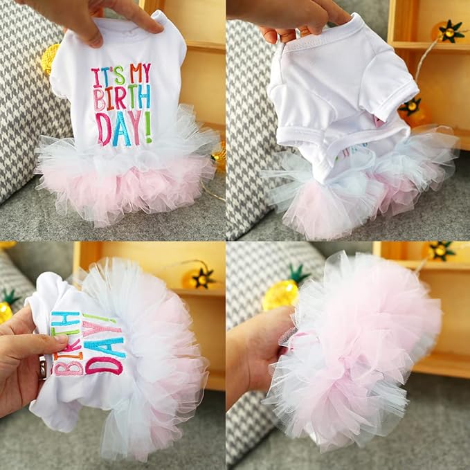 ANIAC Girl Dog Birthday Tutu Dresses Puppy Lace Skirt and Hairpin Cat Birthday Princess Dress Pet Clothes for Cats Small Dogs (X-Large, White)