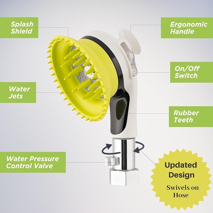 Outdoor Dog Wash Garden Hose Nozzle for Bath and Quick Paw Rinses. Splash Shield Handle and Rubber Grooming Brush. Metal Connection. Swivels on Hose with Water Pressure Control.