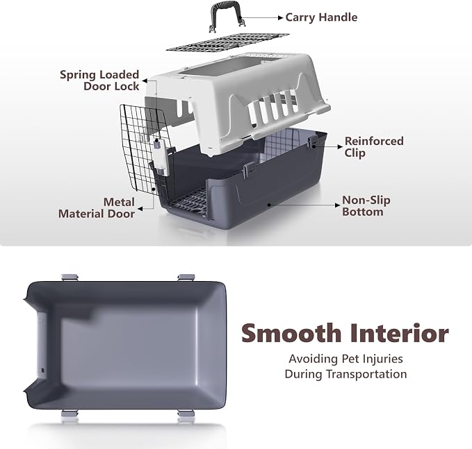Athena Collection 22" Hard-Sided Travel Pet Carrier for Small Dogs and Cats | Plastic Dog Crate with 2-Door Top & Front Load, Ventilation, Security Lock, Cat Dog Carrier for Pet, up to 22lbs, Grey