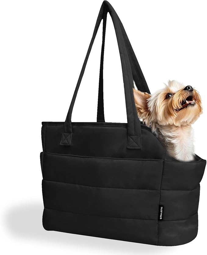Lightweight Puffy Dog Purse Carrier for Small Dogs, Black | Quilted Pet Carrier Tote with Safety Leash Clip, Storage Pockets and Removable Base, for Pets Up to 15 lbs, Black
