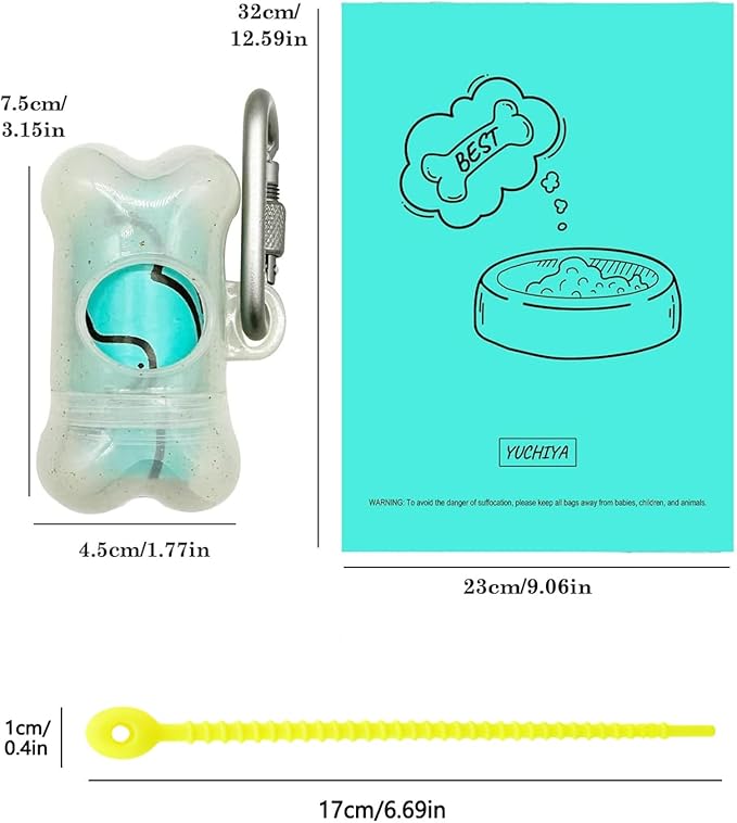 YUCHIYA Dog Poop Pickup Bags Holder Dispenser with Scented Doggy Waste Bags and Carabiner with Safety Lock Plus Hook and Loop Fastener Never Loose on Leash Lead Again (1 Holder 15 Bags, Clear)