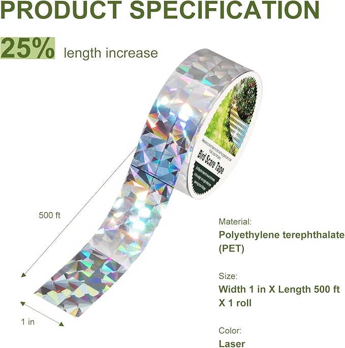 OFFO Bird Scare Tape, 430 Feet x 1 in Dual-Sided Bird Reflective Tape for Outside, Keep Birds Away from Trees, Garden, Farms, Orchard or Courtyard