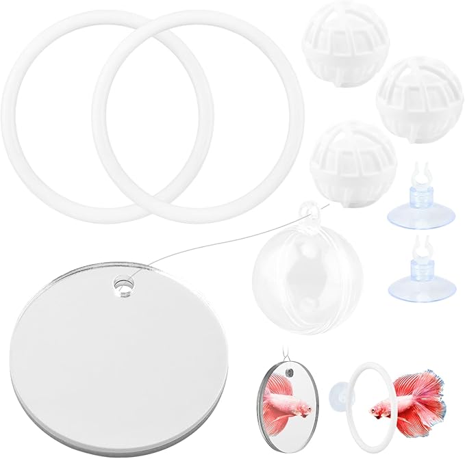 2pcs Bettas Fish Enrichment Toys Ring with Mirror & 2 Bio Filter Balls Betas Exercise Loop Toys Bett a Fish Exercise Ring Suitable for Fishs Tank, Aquarium(Color:White)