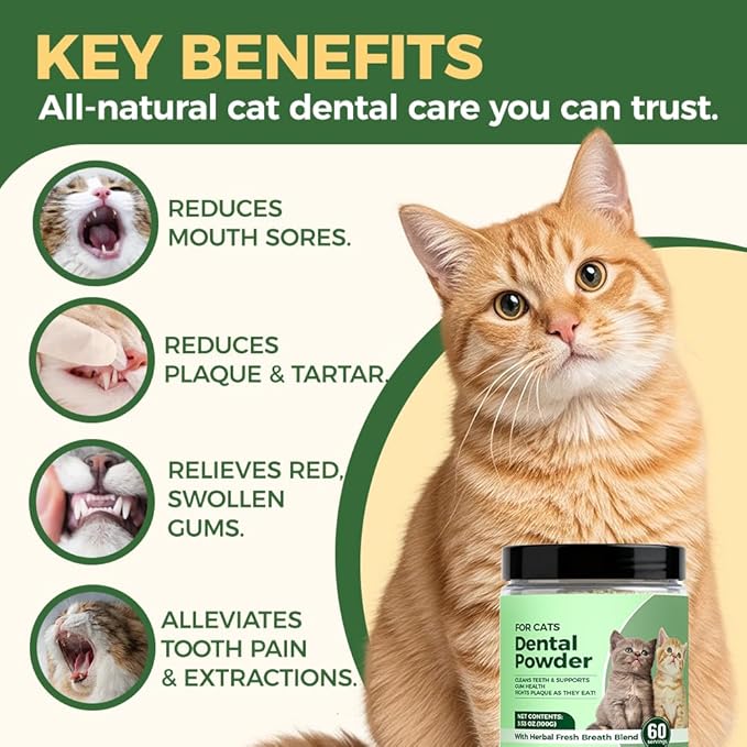 Dental Powder for Cats, Cat Dental Powder with Probiotics & Seaweed for Cats Teeth & Breath Support, 60-Day Supply (1)