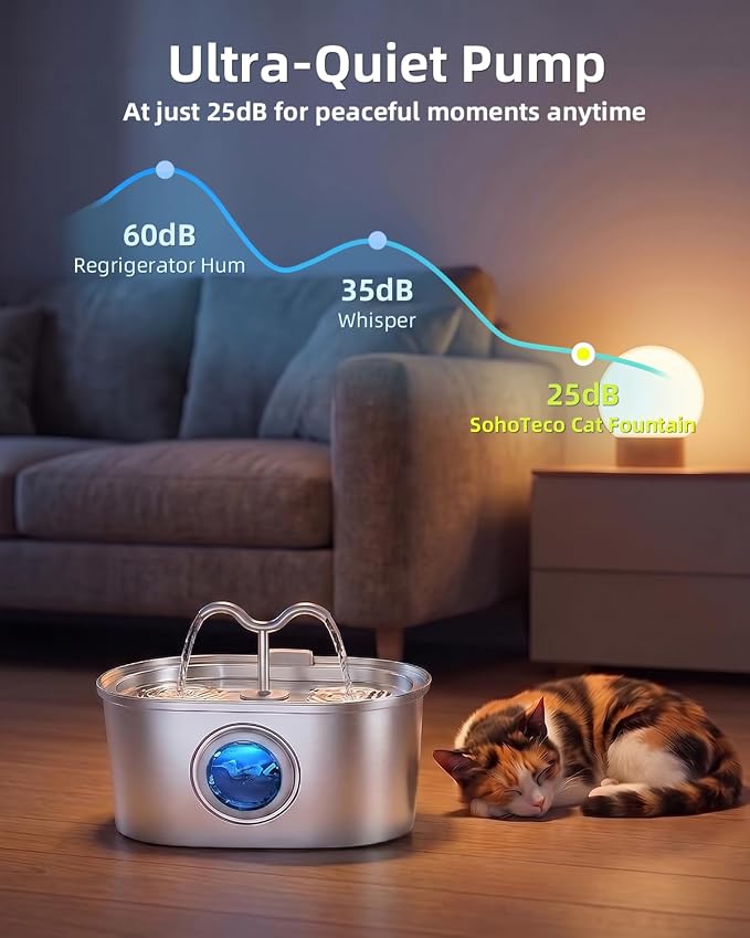 3.2L/108oz Stainless Steel Cat Water Fountain Pet Fountain | Automatic Pet Water Dispenser - Self-Designed Filtration System - Ultra-Quiet Pump - Easy Cleaning & Maintenance (6 Filters)