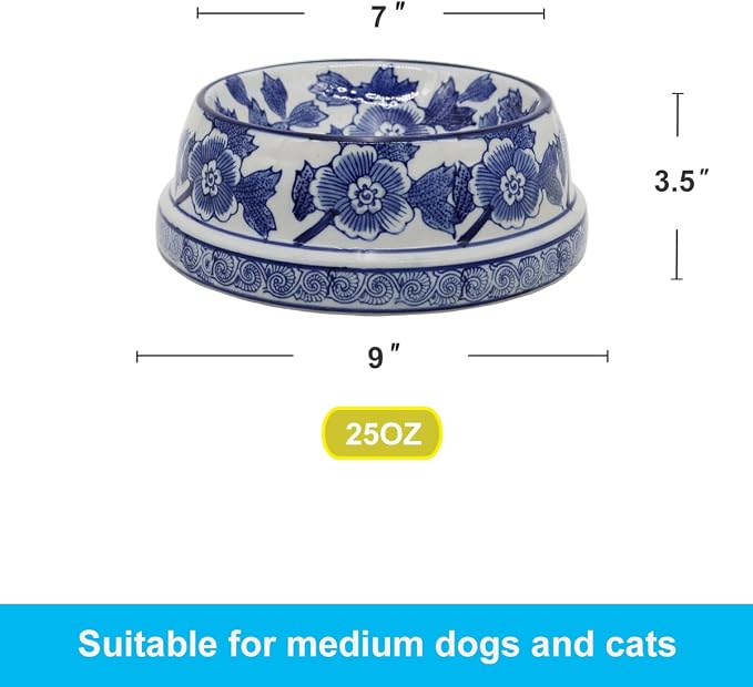 Aimusego Blue and White Cute Heavy Duty Non-Slip Chinoiserie Ceramic Pet Bowl Food/Water Dish for Large Puppies, Cats, Retrievers, Medium Sized Dogs-9inch