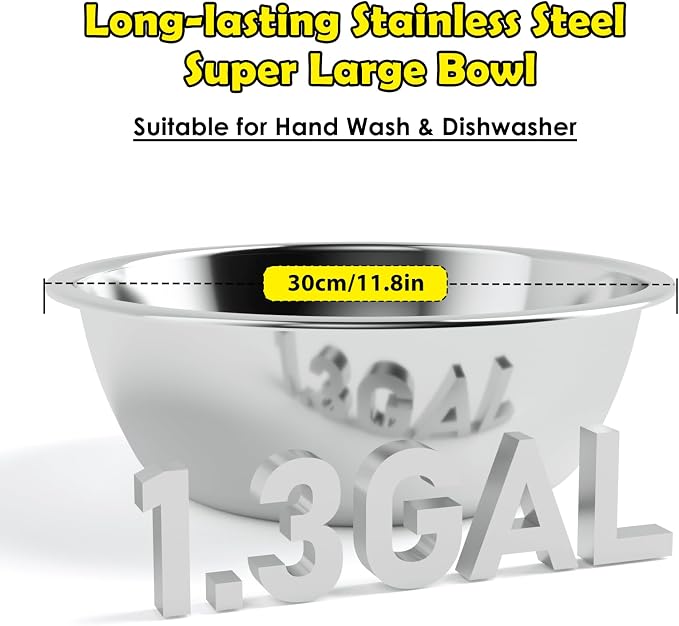 ADENGL 1.32 Gallon Elevated Dog Water Bowl for Large Dogs, 4-Height Adjustable (13–18'') Raised Stainless Steel Bowl with Spill-Proof Mat & Sturdy Metal Stand, Easy-Clean Feeder for Indoor/Outdoor Use
