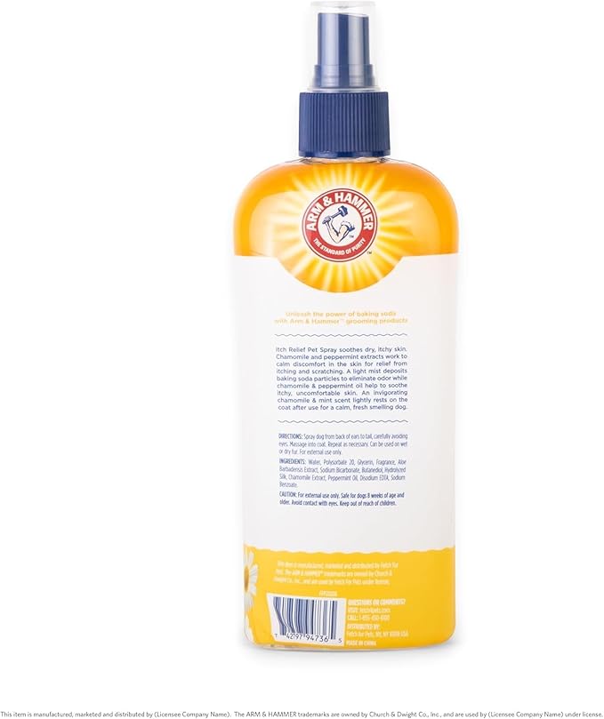 Arm & Hammer for Pets Itch Relief Spray for Dogs, Soothing Dog Skin Spray to Help Calm Itchy and Irritated Skin and Hot Spots Between Baths, Chamomile & Peppermint Scent, 8 Fl Oz - 2 Pack