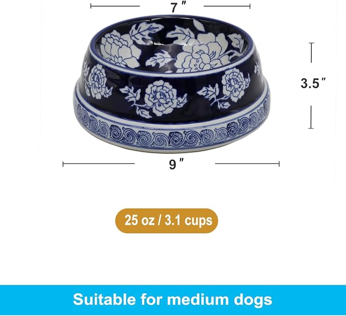 Aimusego Vintage Blue Ceramic Dog Bowls, Dog Food Feeding Dish for Medium Dogs Cats, Heavy Chinoiserie Porcelain Pet Bowl for Water,Durable & Easy to Clean-9inch