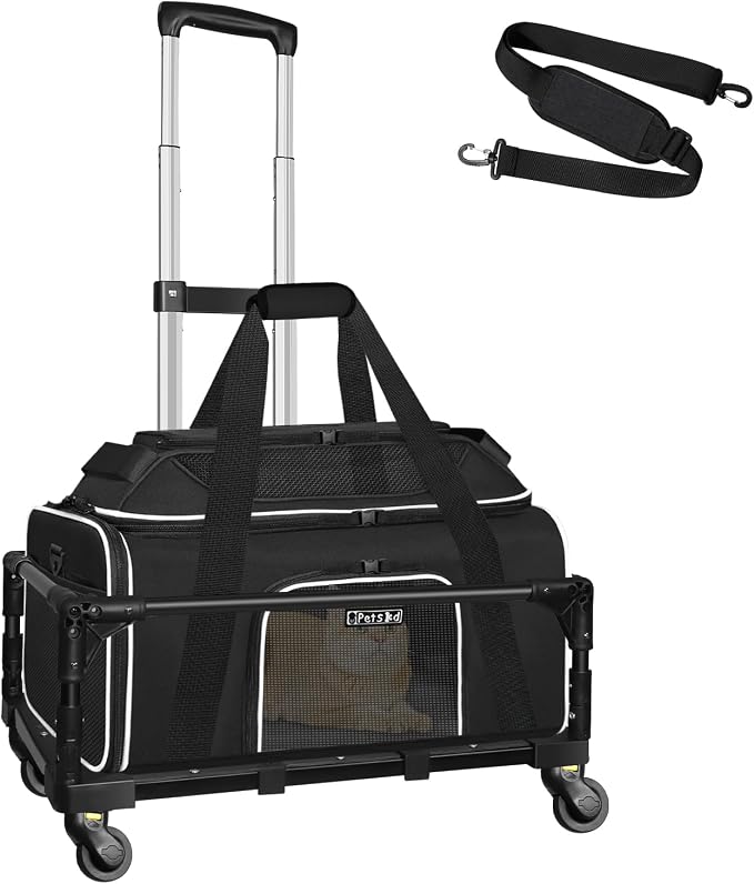 Top-Expandable Small Pet Carrier with Wheels Airline Approved | 17"x12"x8.5", for JetBlue/Frontier/Spirit Airlines, Lockable Safety Zippers and Anti-Scratch Mesh, Pets Under 8 Lbs, Black