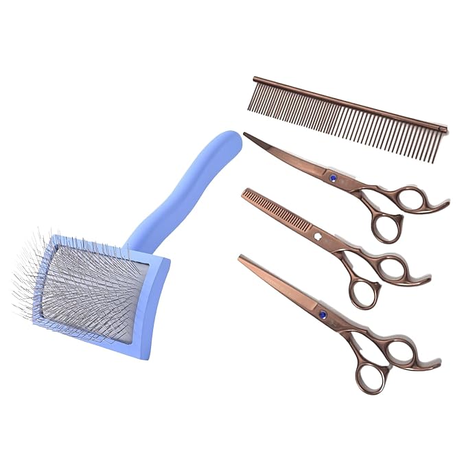 We Love Doodles Medium Curved Slicker Brush and Scissors Kit- Soft Pin Goldendoodle Brush and Dog Scissors - for Dematting & Shedding - Made in USA