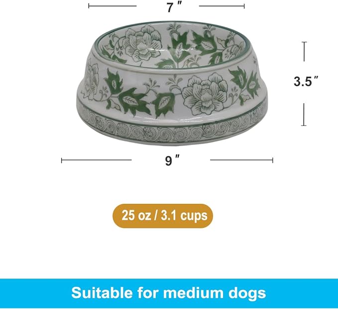 Aimusego Ceramic Green & White Dog Bowl 9inch Chinoiserie Hand Painted Pet Food Water Bowls, Dogs Cat Dish for Medium and Large Pet, Puppy-25OZ