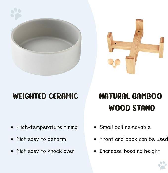 SPUNKYJUNKY 15° Slanted Ceramic Dog and Cat Bowl with Wooden Stand, Tilted Bulldog Food and Water Bowl No Slip Non-Spill for Cats Medium Dogs Big Face Pets 28.7 OZ (3.6 Cups, Grey)